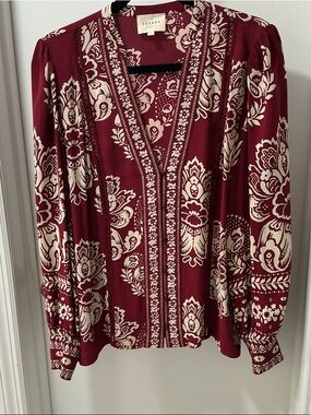 Sezane Burgundy and Cream Floral V-Neck Blouse